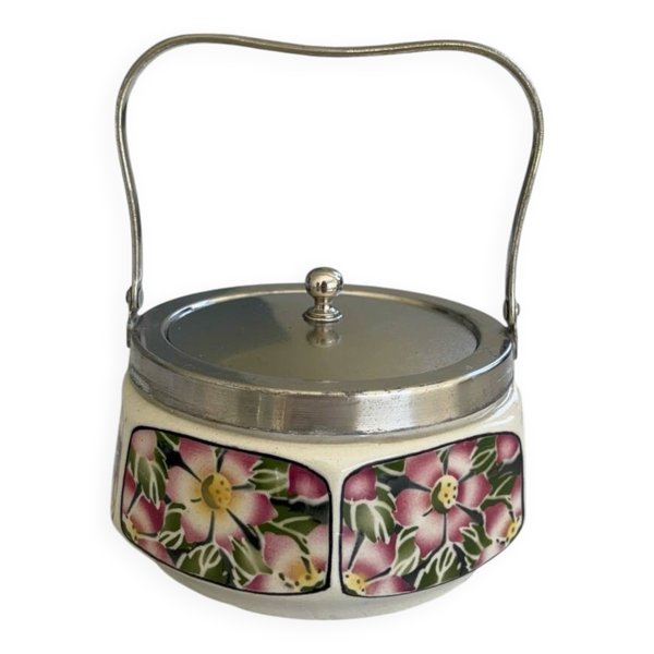 Bonbonnière art déco céramique décor floral – sucrier avec anse métal