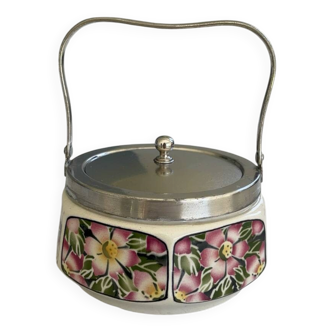 Art Deco ceramic bonbonnière with floral decoration – sugar bowl with metal handle