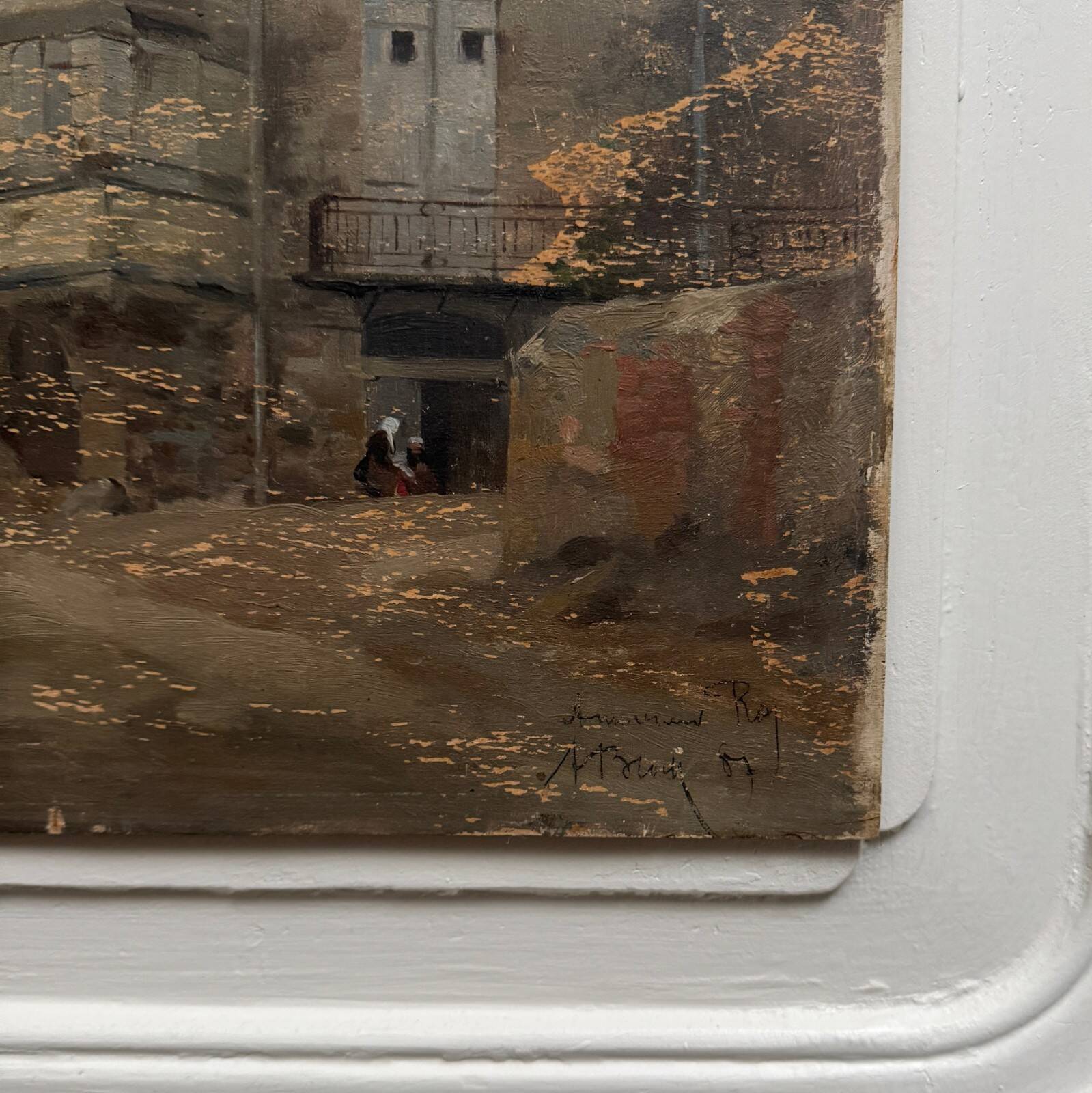 Oil on panel street scene by Roy 1856