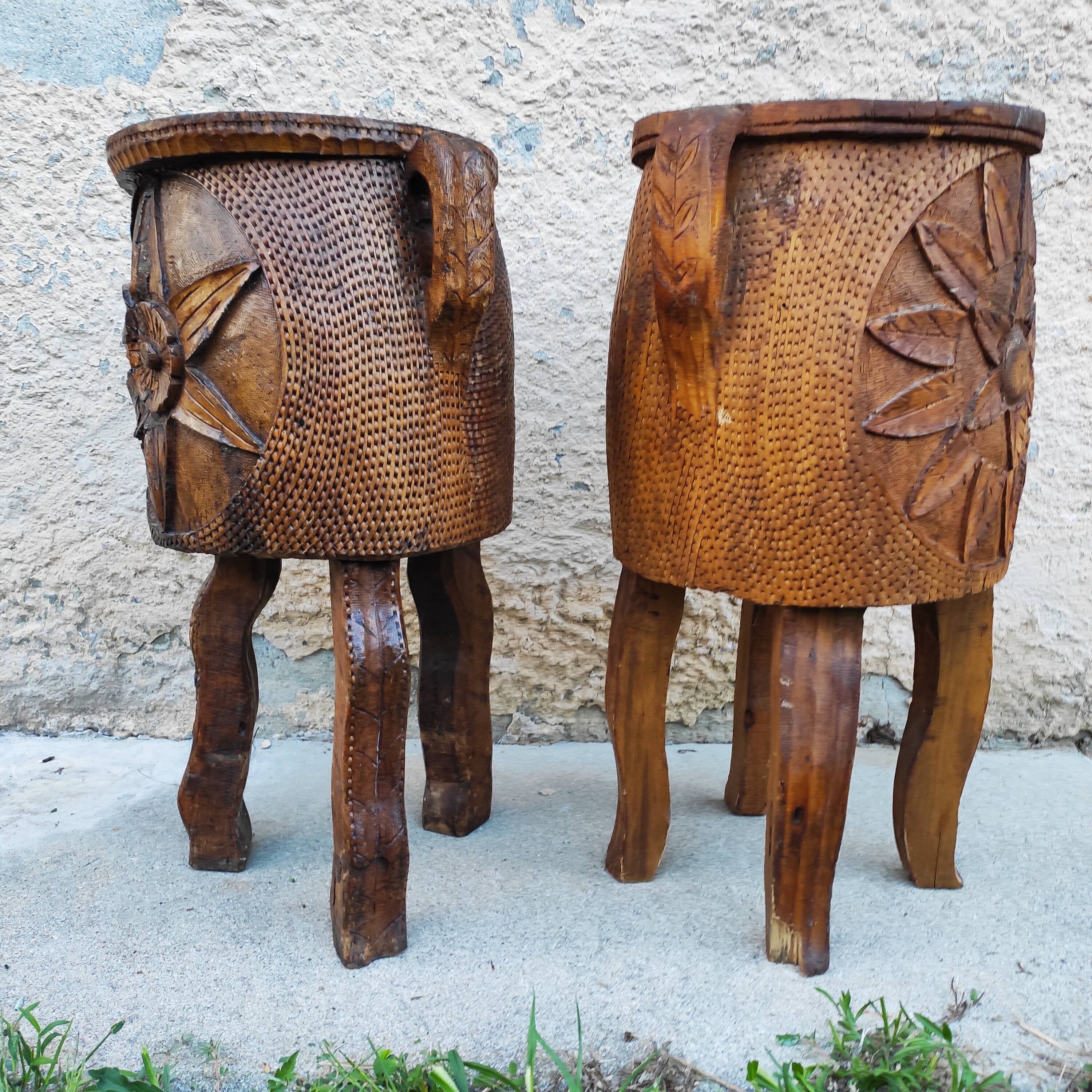 Pair of antique brutalist planters, Savoyard folk art