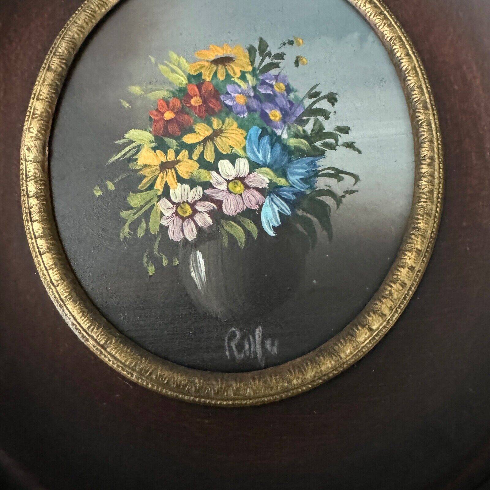 Miniature hand painted by Rolu bouquet of flowers mid 20th century wooden frame