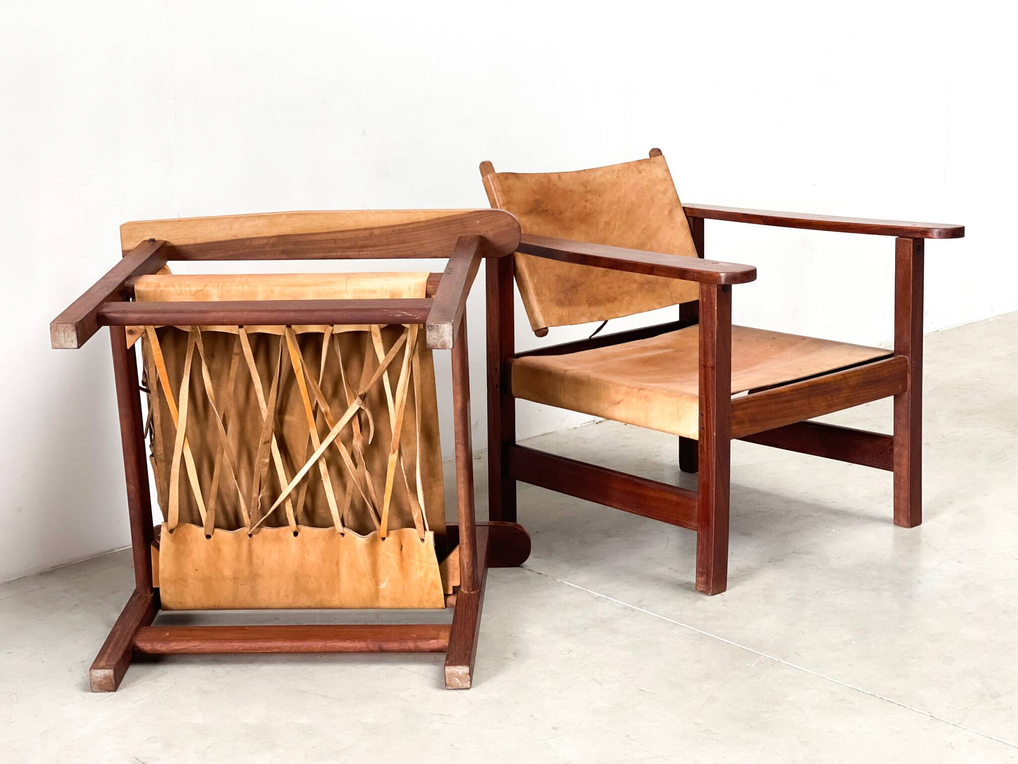 Mid century leather safari armchairs, 1960s