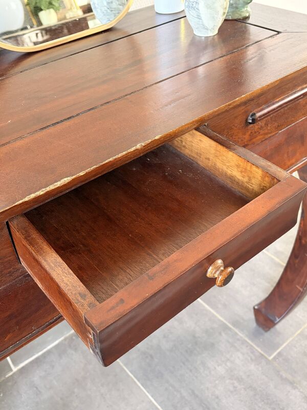Console bois massif style colonial – pieds arqués – tiroir – 100x40x81cm