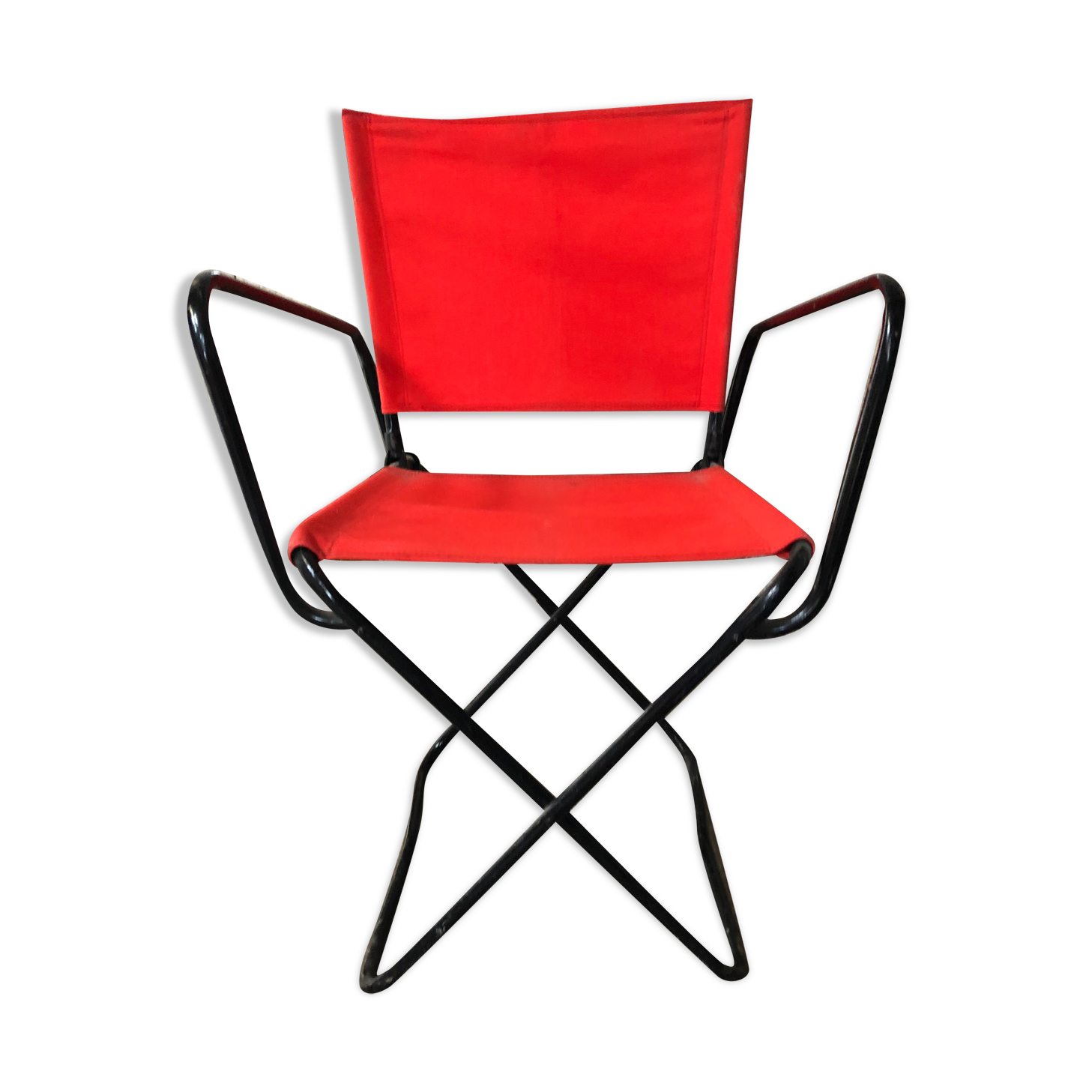 Old Folding Armchair Tube Metal Black + Red Fabric 70s Vintage