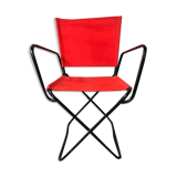 Old Folding Armchair Tube Metal Black + Red Fabric 70s Vintage