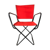 Fauteuil pliant tube métal noir avec tissu rouge années 70 vintage