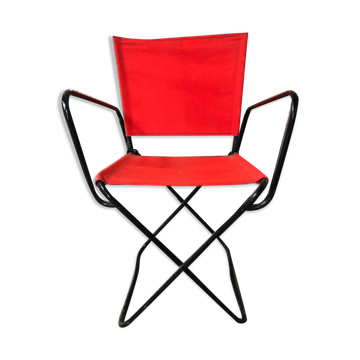 Fauteuil pliant tube métal noir avec tissu rouge années 70 vintage
