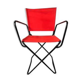 Old Folding Armchair Tube Metal Black + Red Fabric 70s Vintage