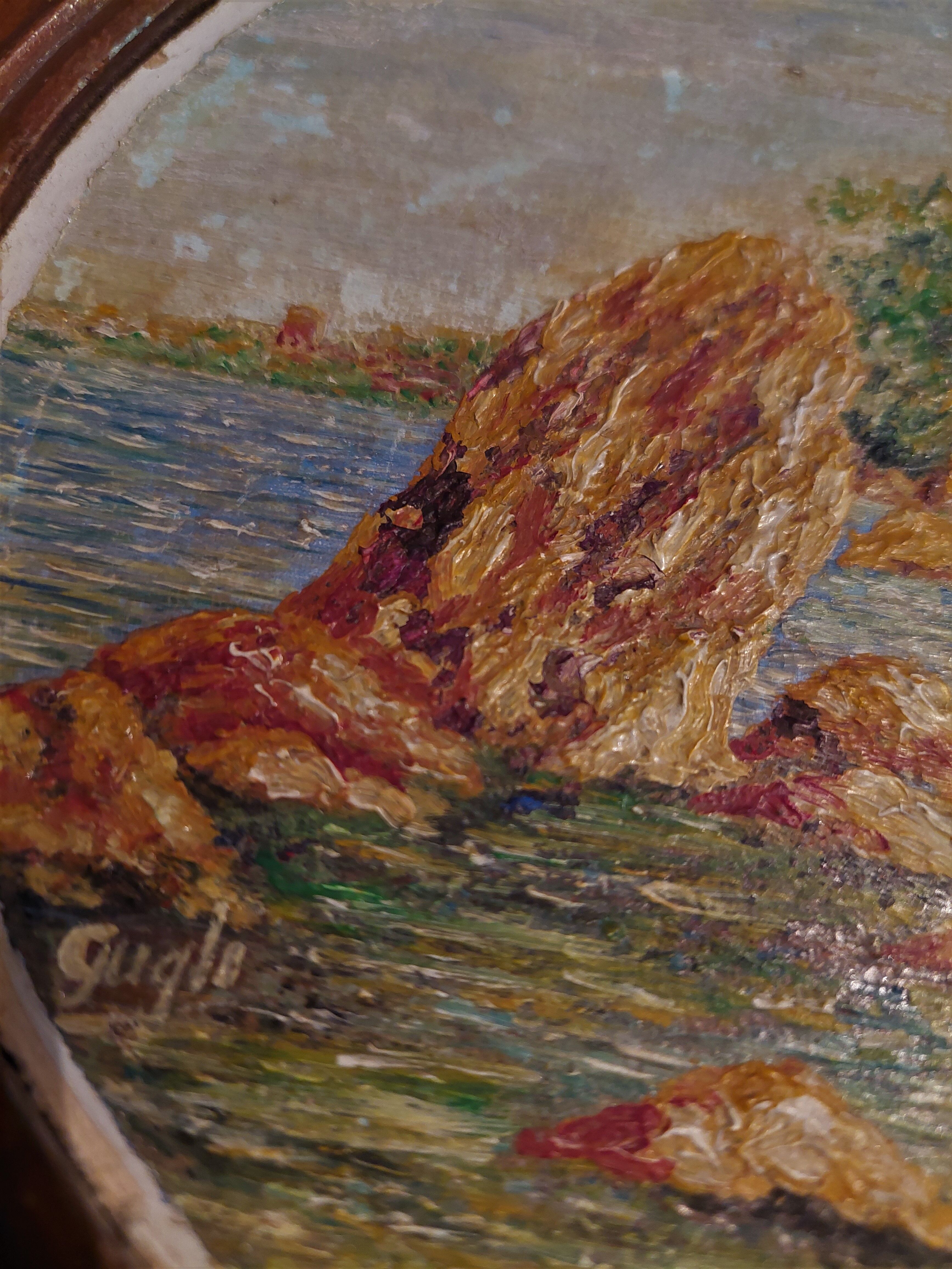 Oil painting on panel in marine tondo wooden frame early twentieth century