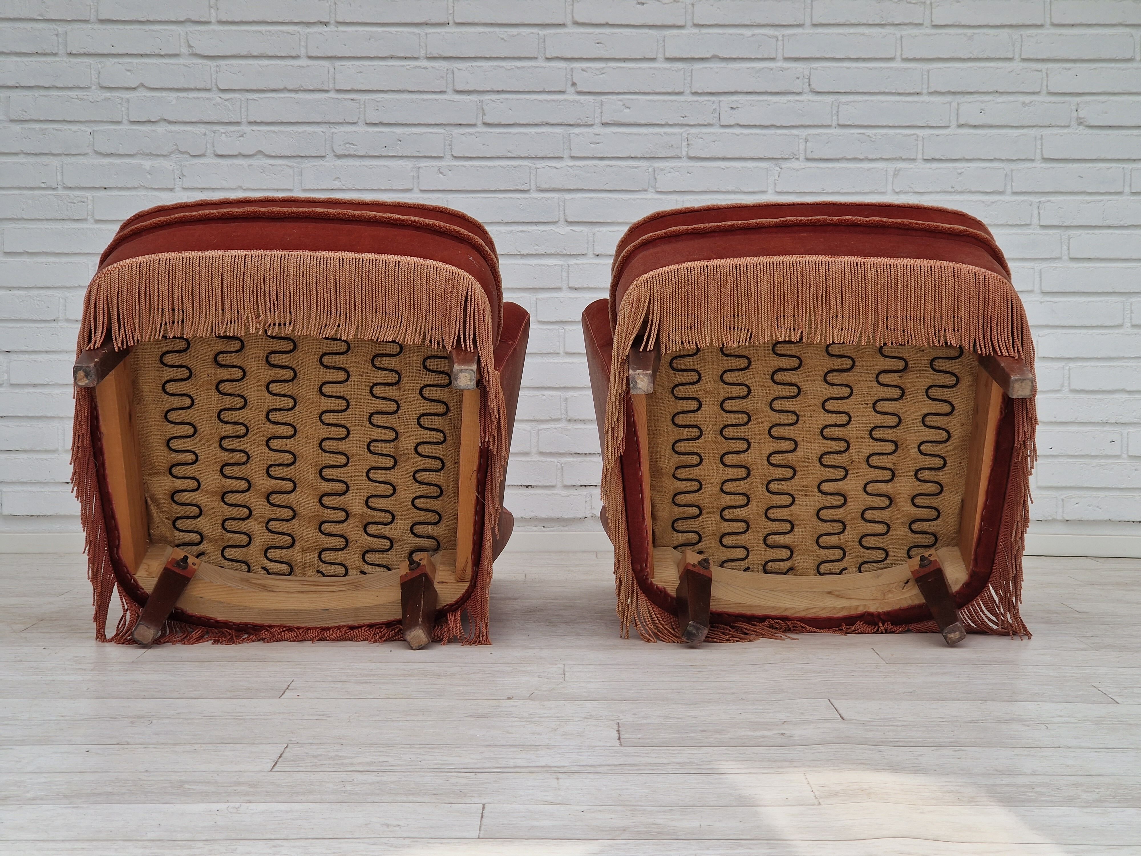 1970s, Danish set of two velour armchairs, original condition, beech wood.