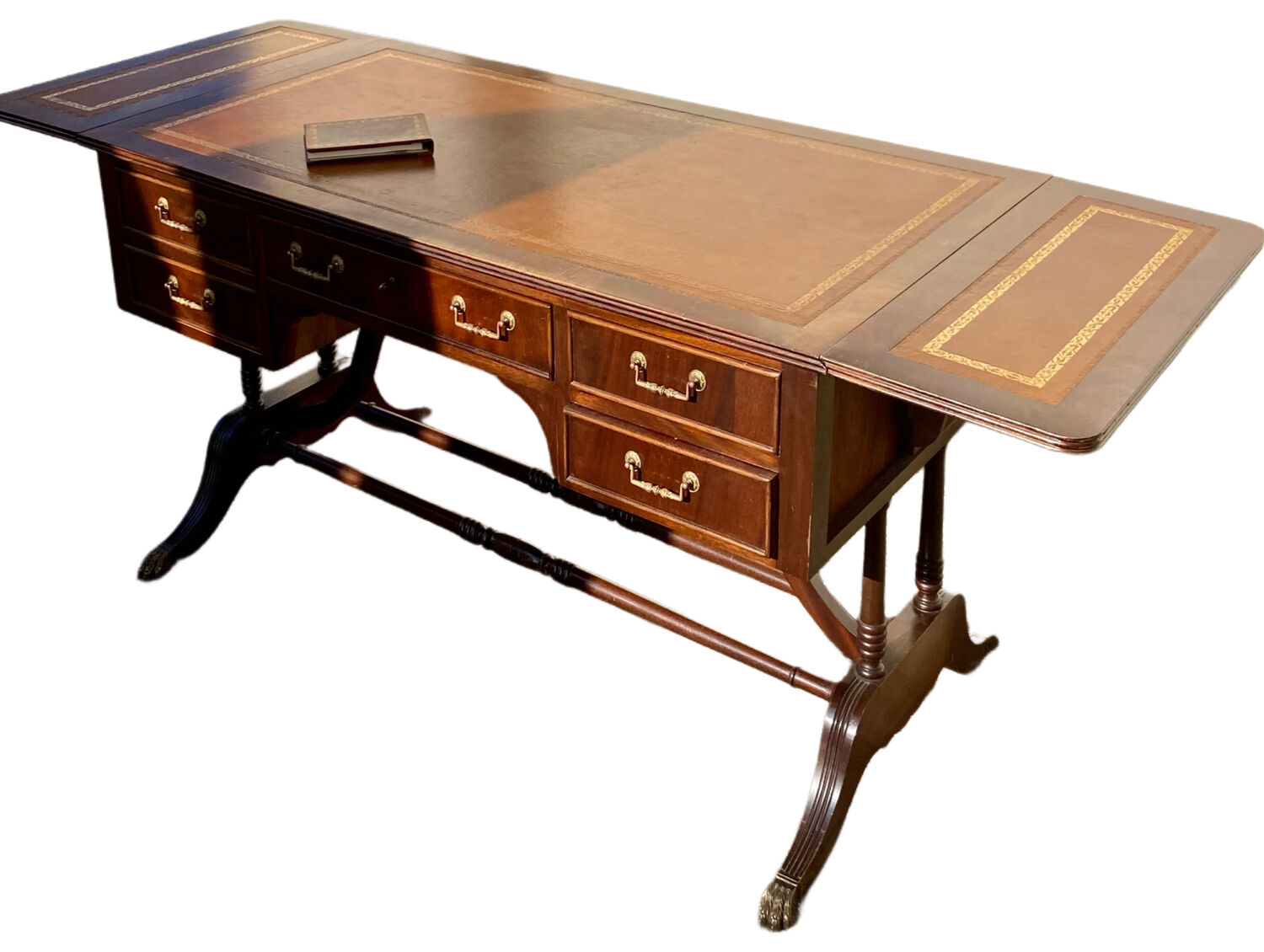 English desk, double-sided table with mahogany extension.