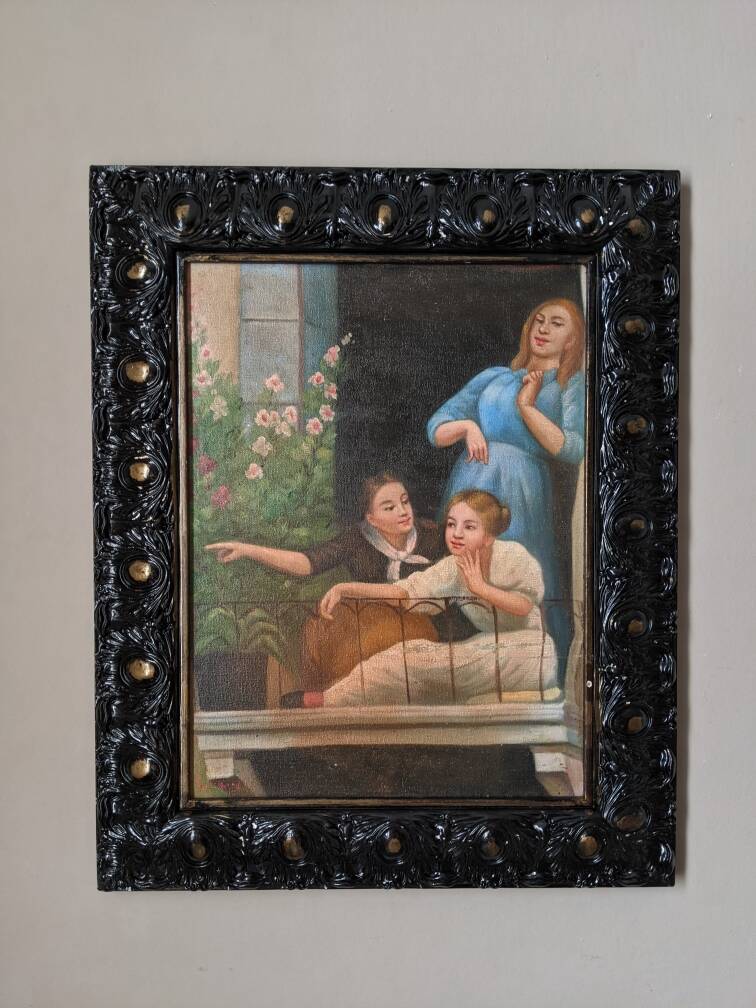 Oil painting on canvas, scene of life, black wooden frame, country decoration