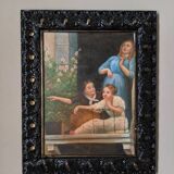 Oil painting on canvas, scene of life, black wooden frame, country decoration