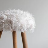 Danish mid-century tripod stool in beech, reupholstered in lambswool, 1960s.