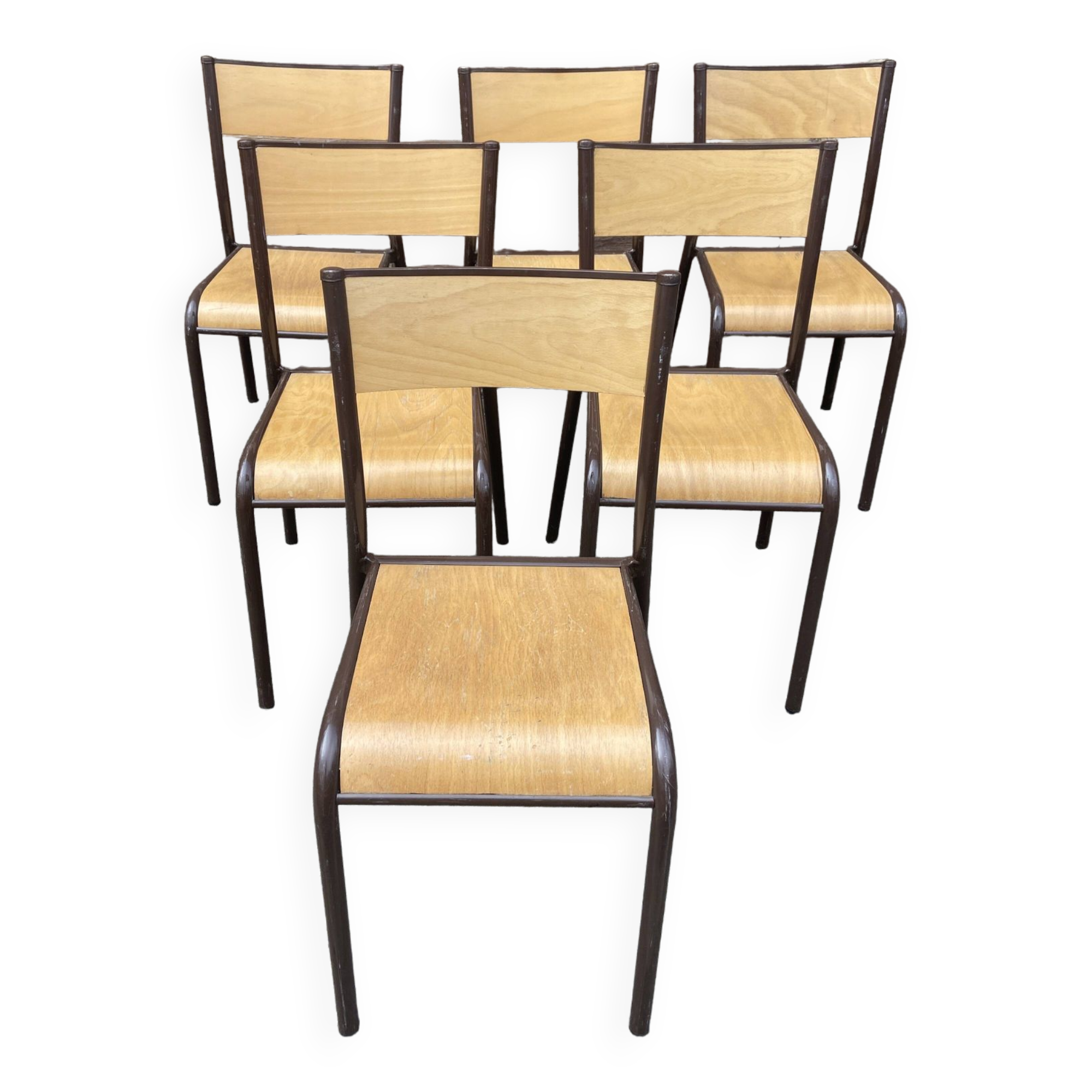 Set of 6 vintage industrial school chairs for communities mullca delagrave tube & wood