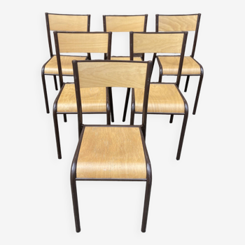 Set of 6 vintage industrial school chairs for communities mullca delagrave tube & wood