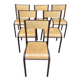 Set of 6 vintage industrial school chairs for communities mullca delagrave tube & wood