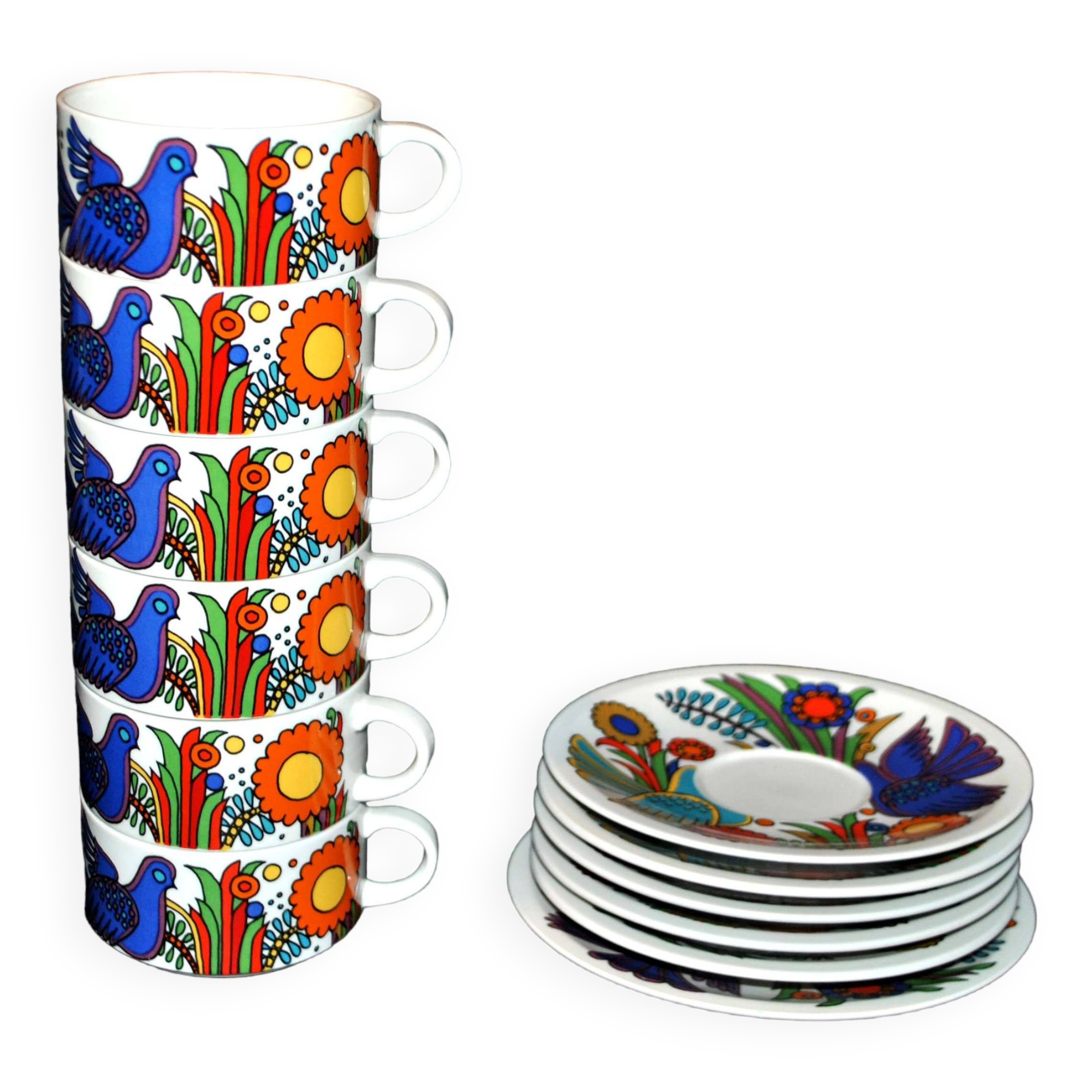Lot 6 colorful bird cups acapulco by villeroy-boch vintage 1960-1970