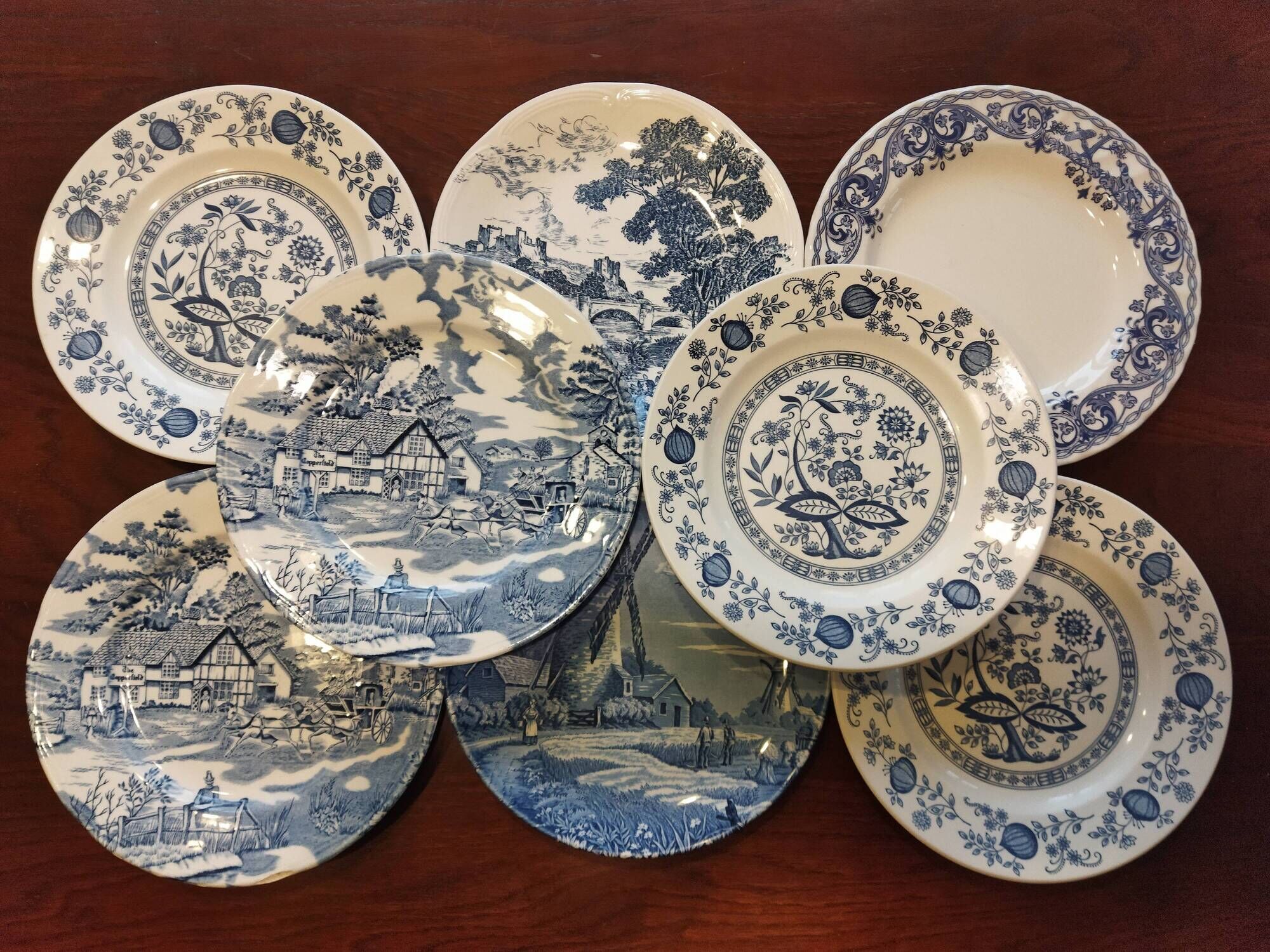8 blue & white dinner plates (Royal Tudor Gien Lunéville Ceraminter)