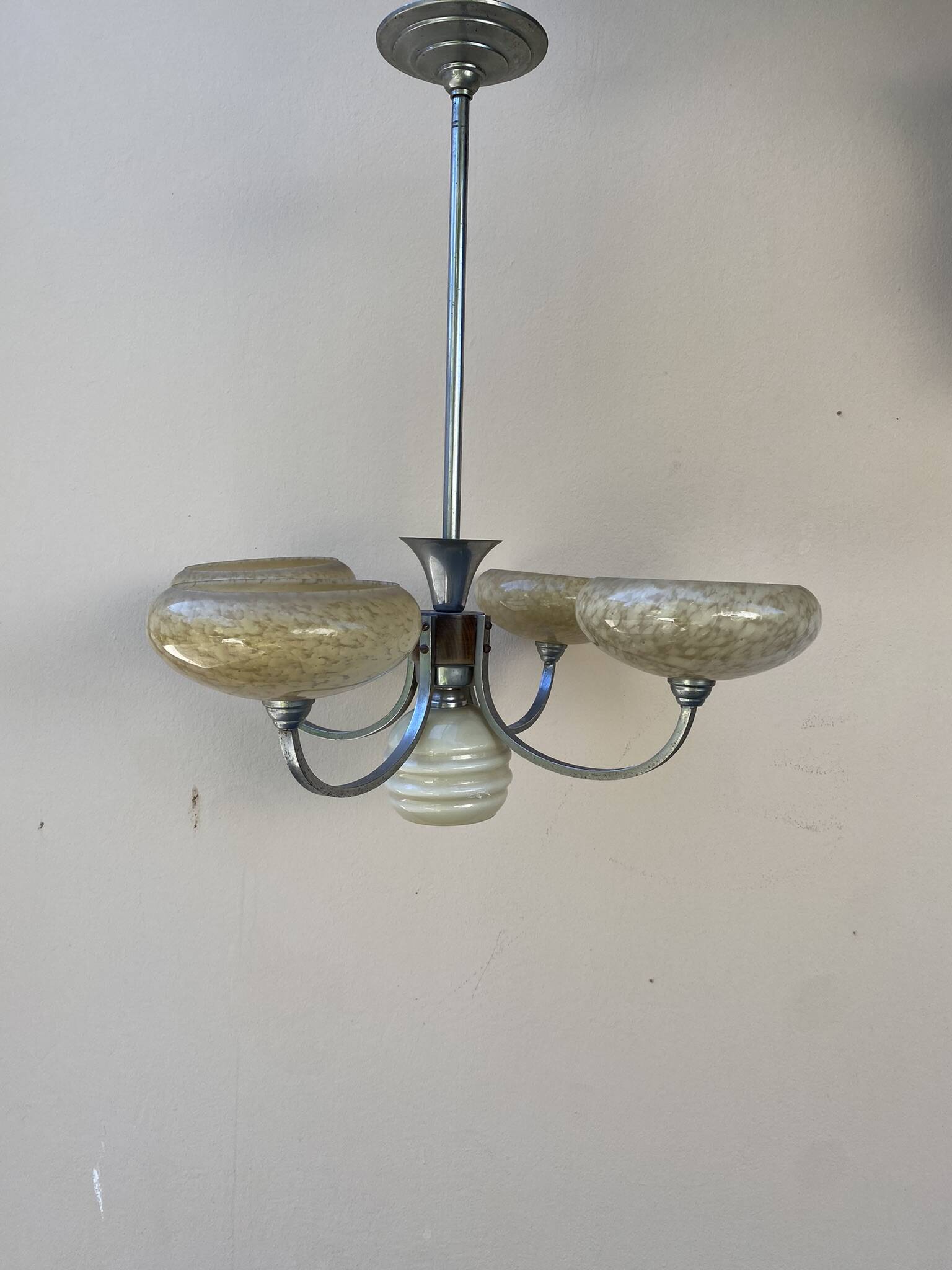 Art Deco opaline wood and metal chandelier