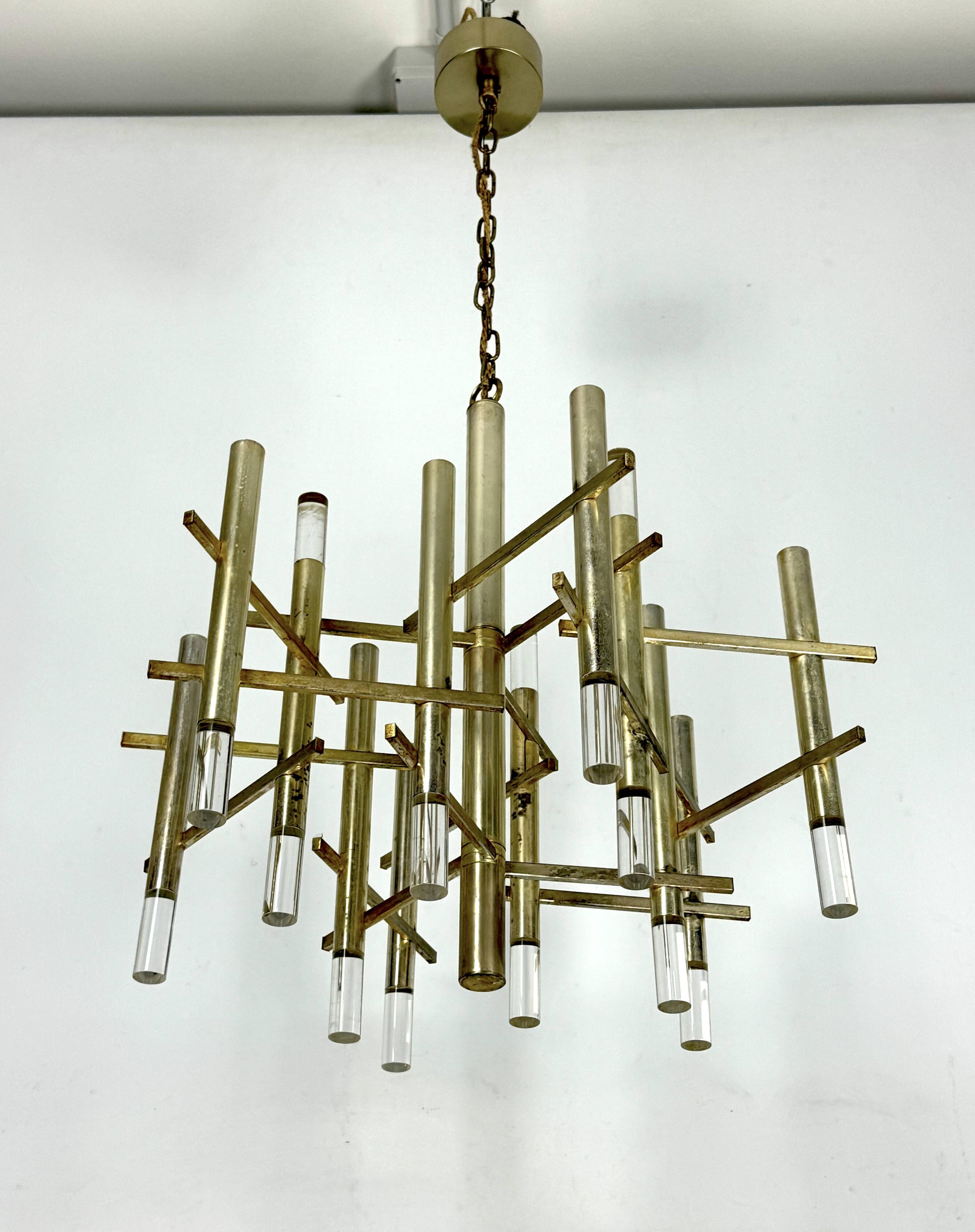 Sciolari 9 lights slight gilded chrome and perspex Chandelier model Ice, Italy 60s