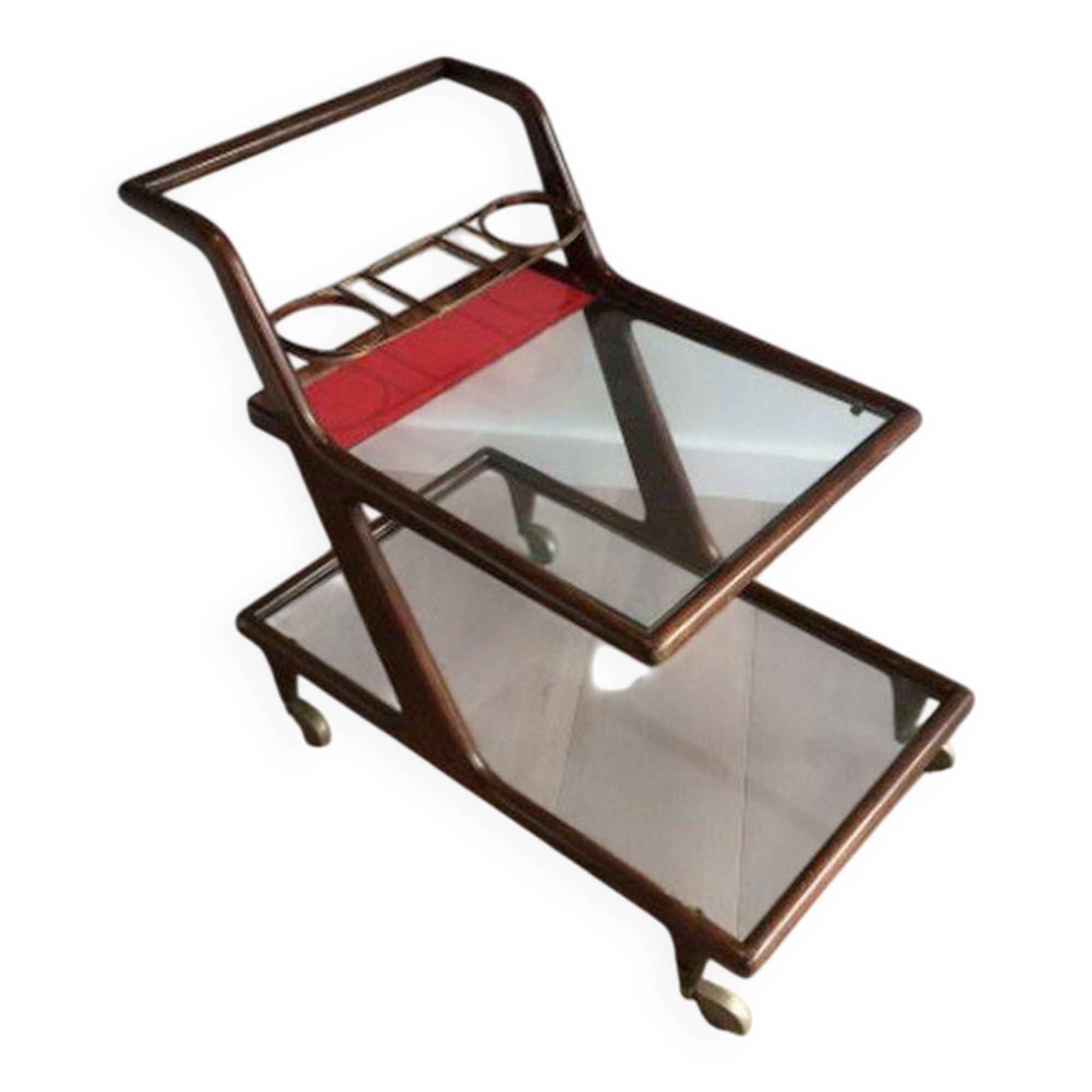 Rolling table made of wood, brass and glass