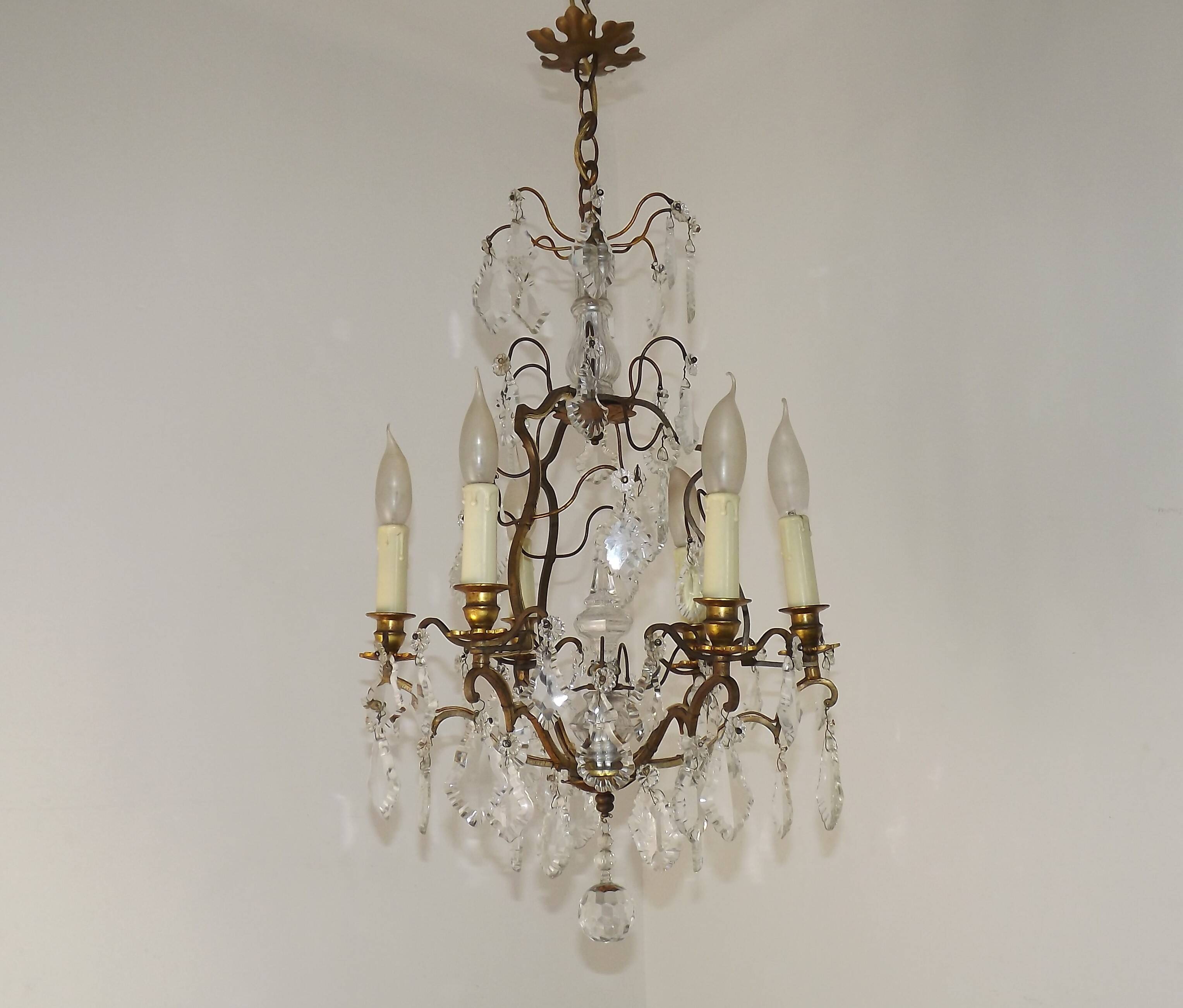 French Bronze and Glass 6 Light Cage Chandelier With Assorted Crystals 5518