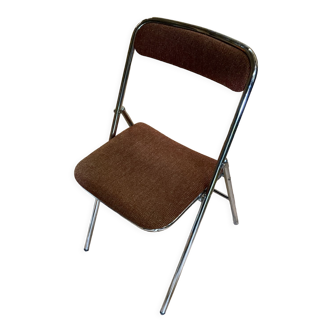 Folding chair 1970 Souvignet in beige brown wool and stainless steel metal