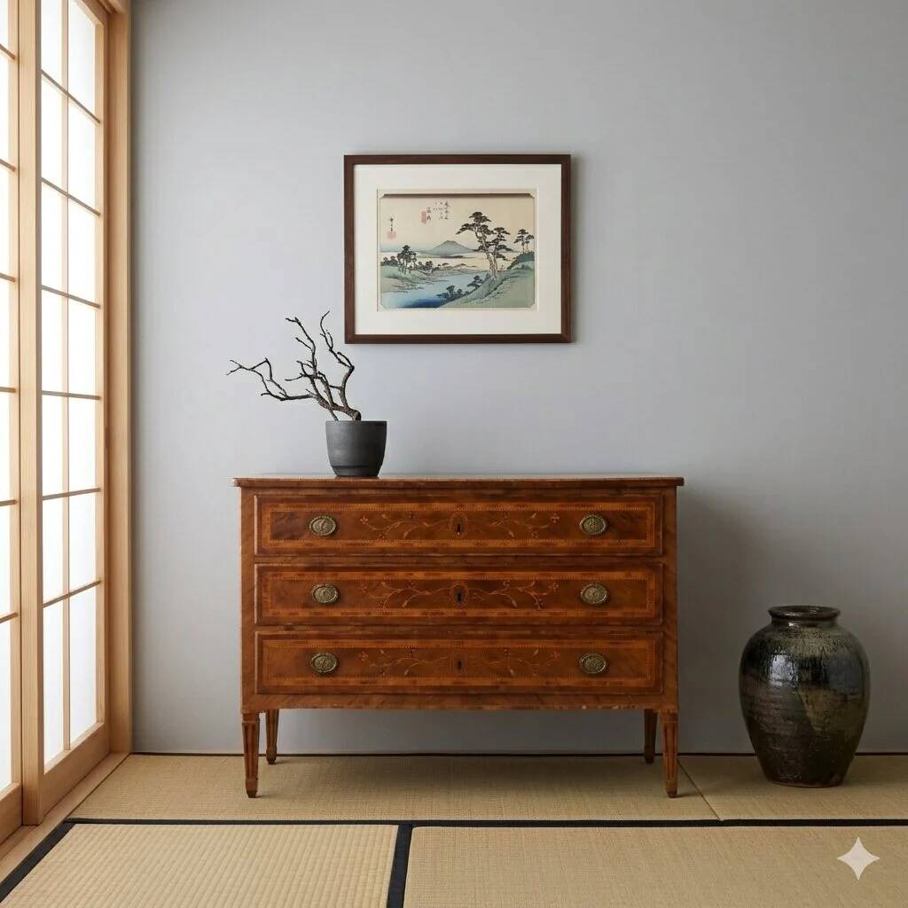 Antique neoclassical walnut commode from the 18th century.