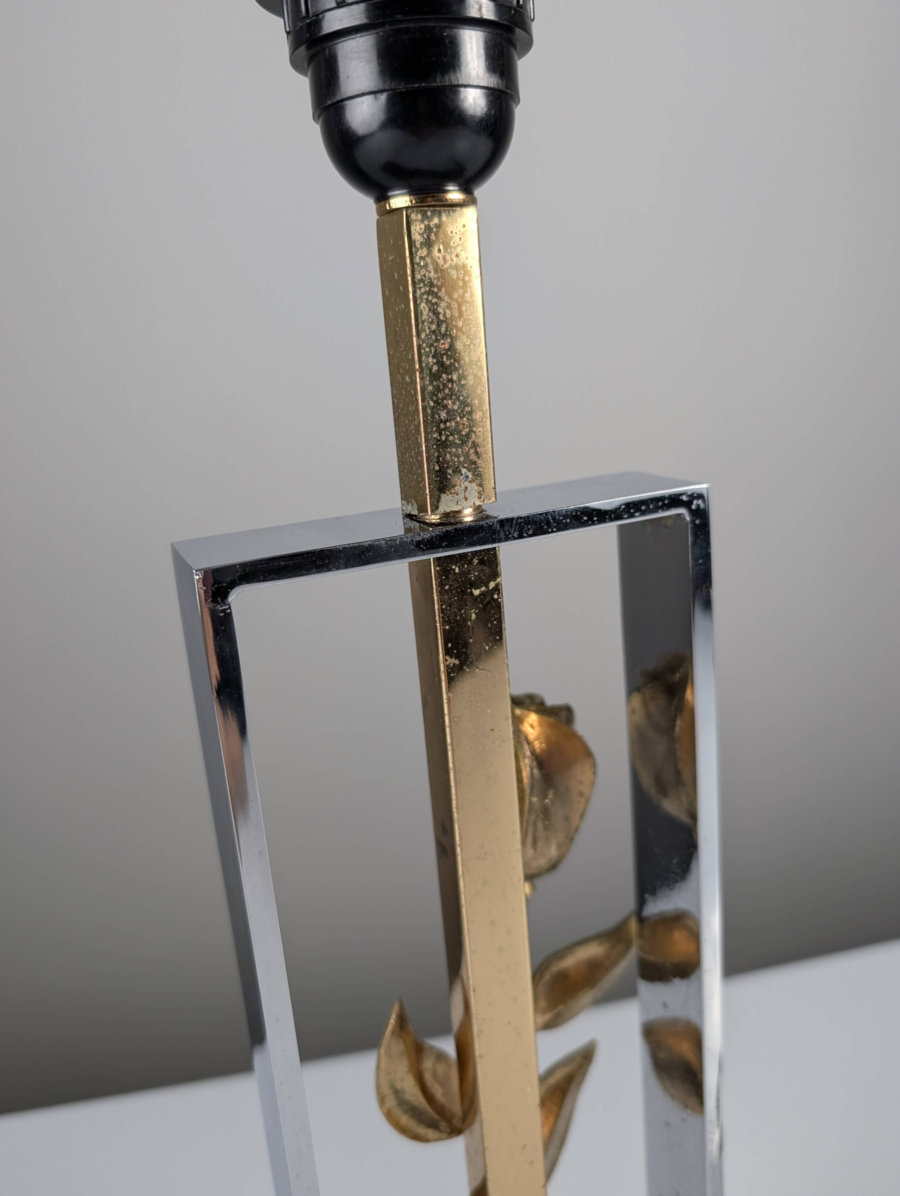 Maison Charles table lamp in chrome and gilt bronze with rose, France, 1970s