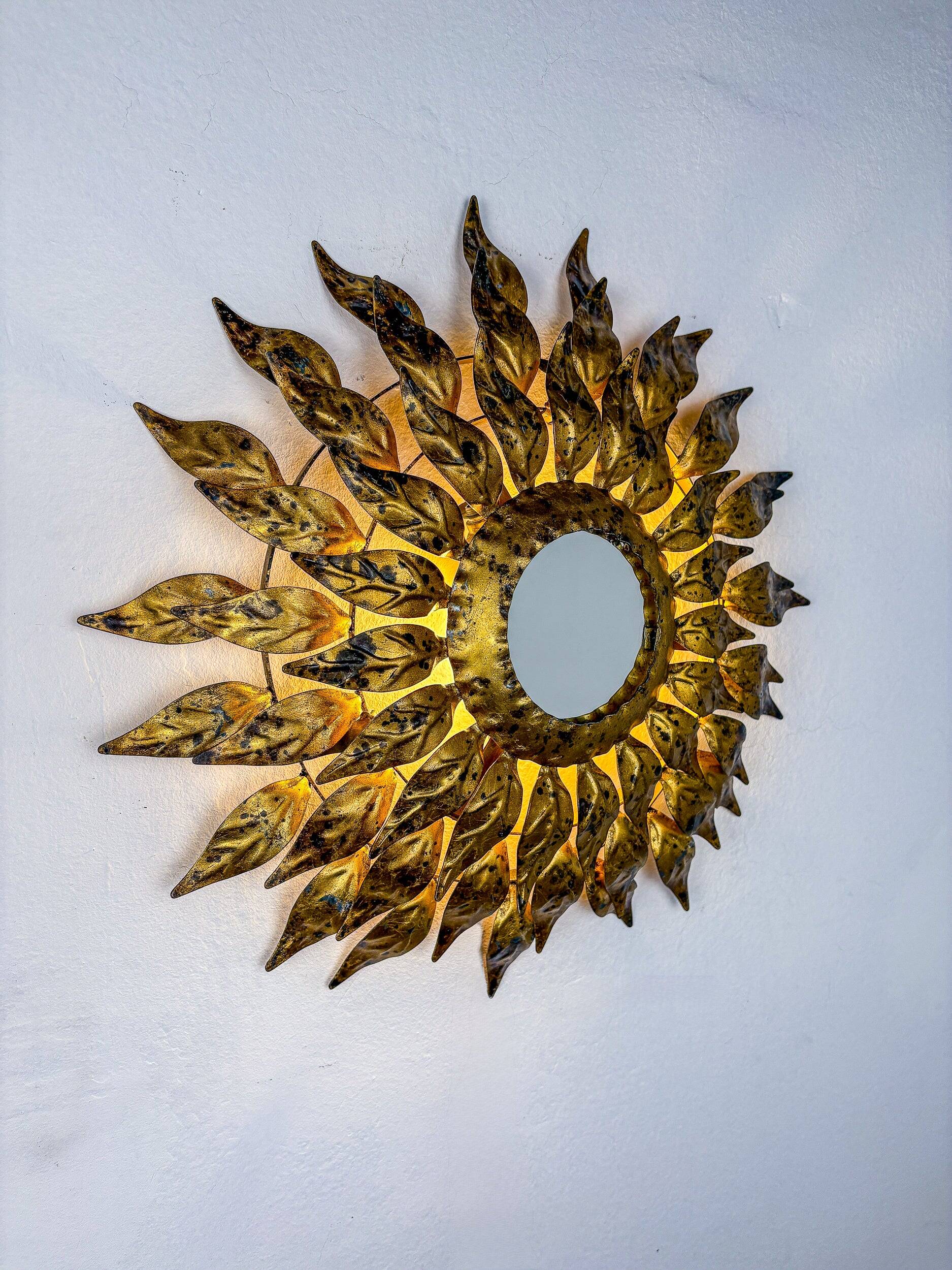 Sunburst wall mirror light – gilt metal, France 1960s
