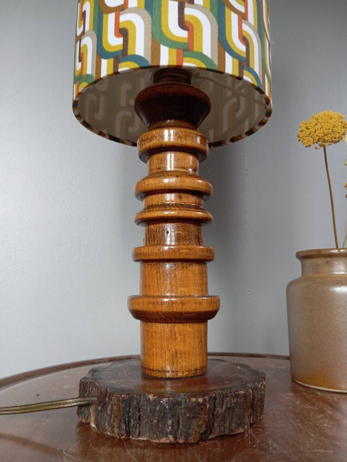 Vintage brutalist wooden table lamp, space age printed lampshade