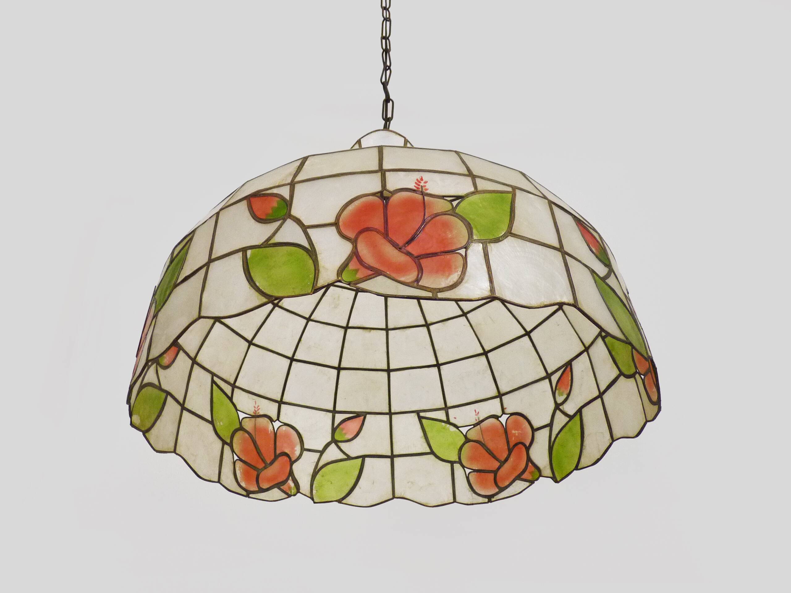 large pendant light, mother-of-pearl and brass chandelier, vintage, old light fixture. 70s