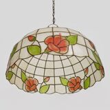 grande suspension, lustre en nacre et laiton, vintage, luminaire ancien. Années 70