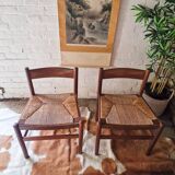Chaises de salle à manger rustiques en teck et jonc de style français du milieu du siècle (x6)