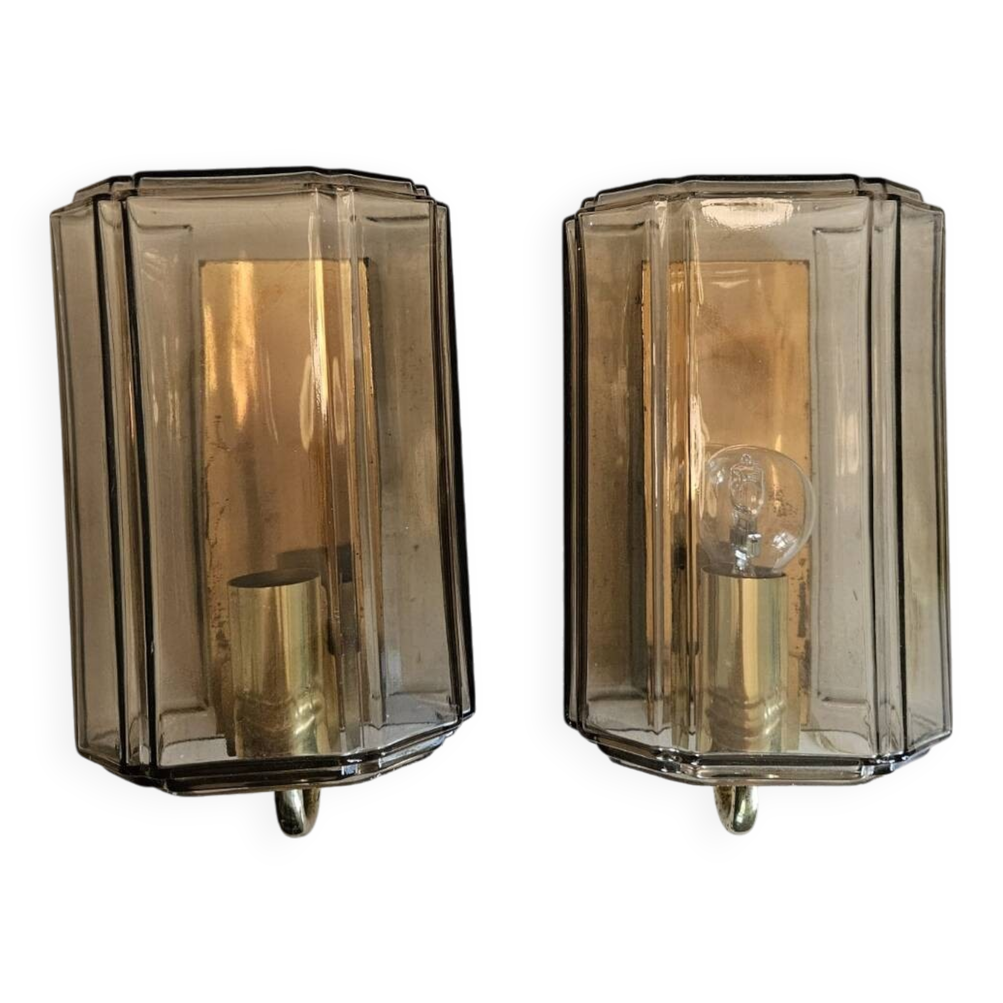 Pair of glass and brass wall lights, 1960s.