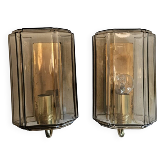 Pair of glass and brass wall lights, 1960s.