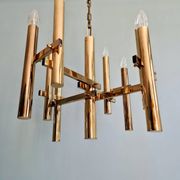Geometric brass chandelier, Hollywood Regency, design by G. Sciolari, 1970.
