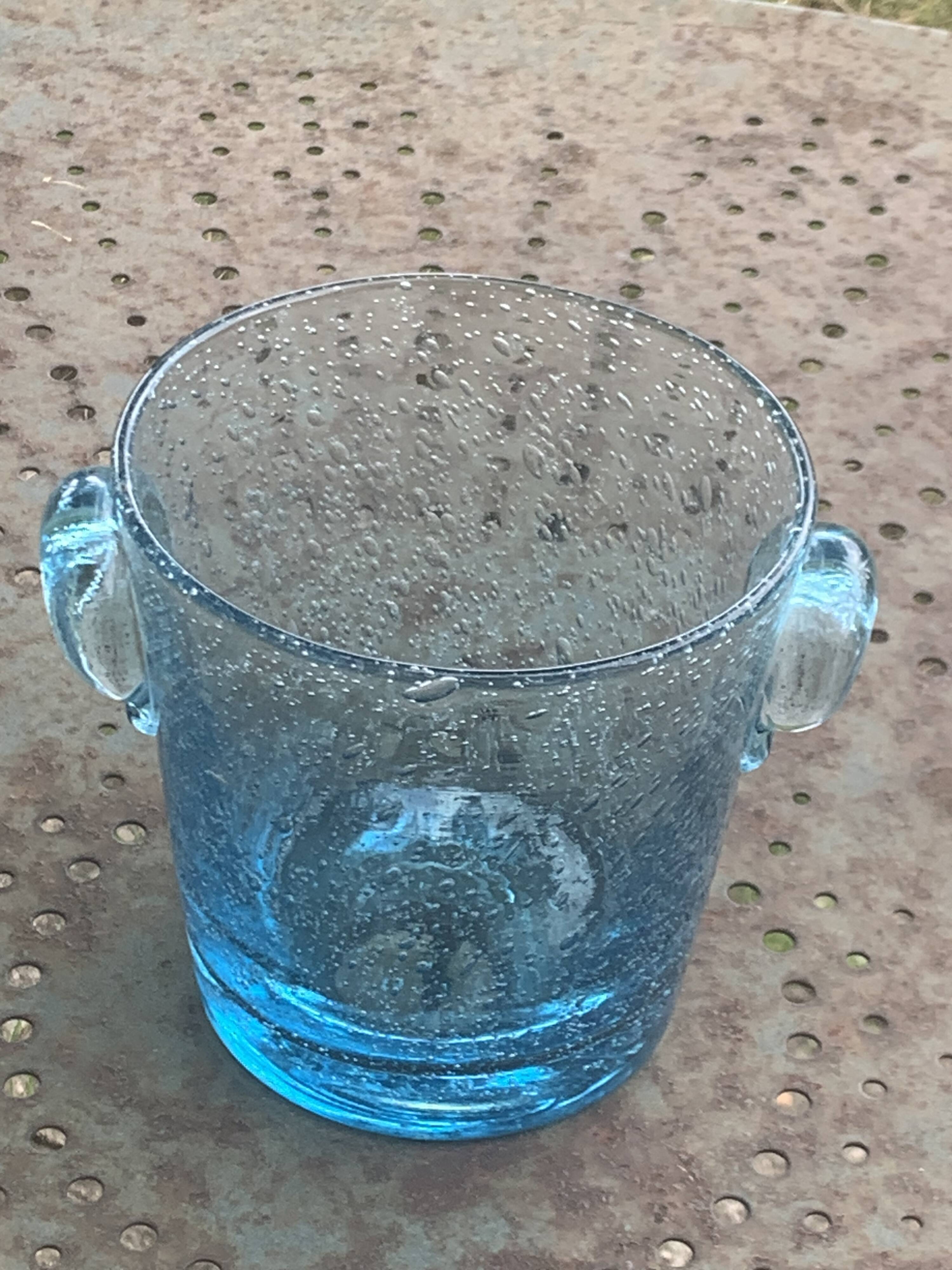 Vintage Biot Blue Blown Glass Ice Bucket