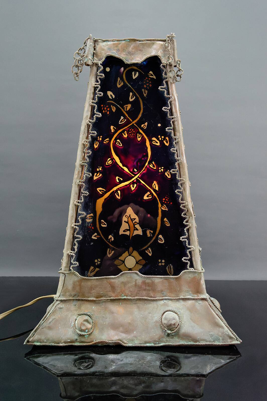 Moorish style lamp in patinated copper and painted glass, France, Mid-Century
