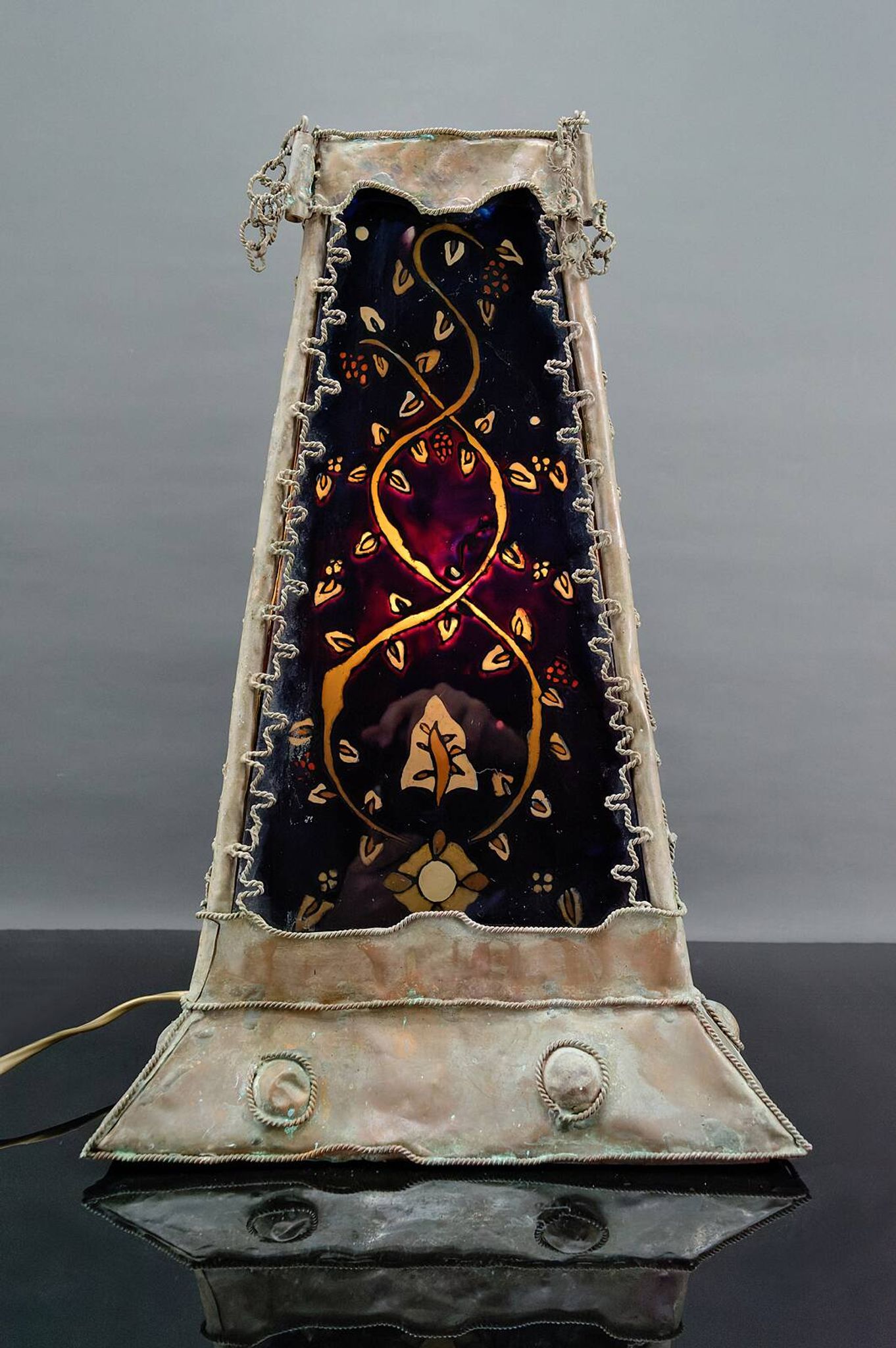 Moorish style lamp in patinated copper and painted glass, France, Mid-Century