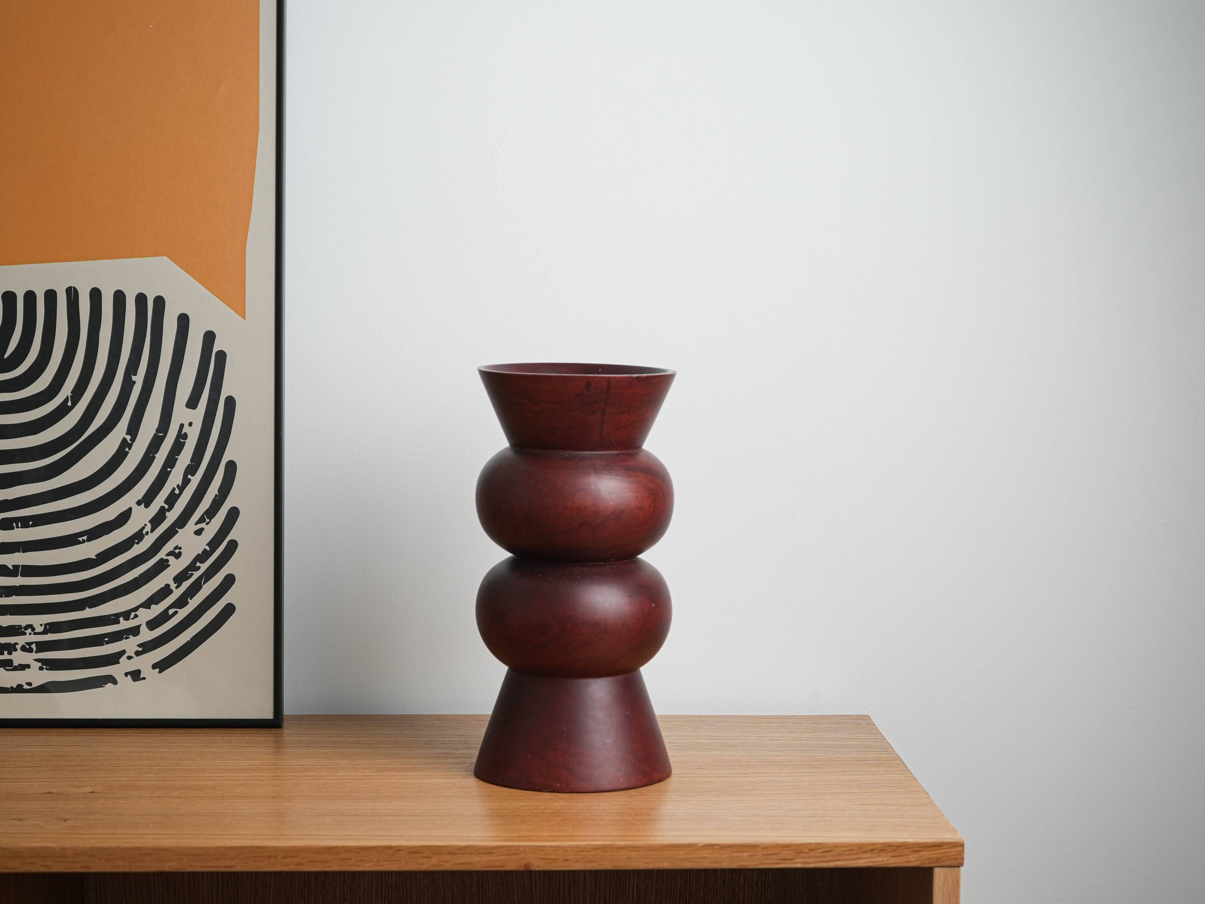 Turned wooden vase in segmented technique, burgundy, Danish, 1970s