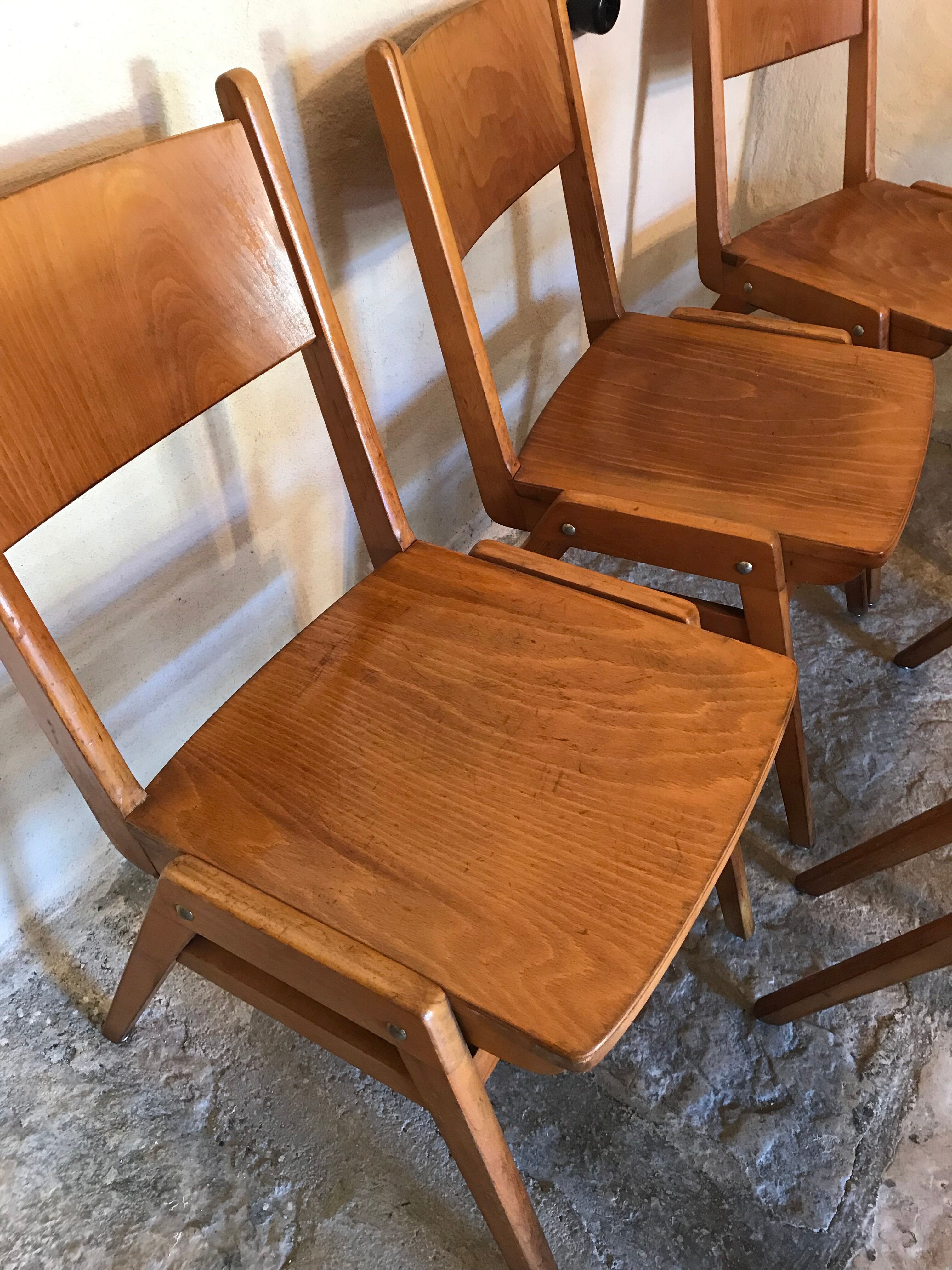Set of 6 stackable chairs wood feet compass Germany 1960's