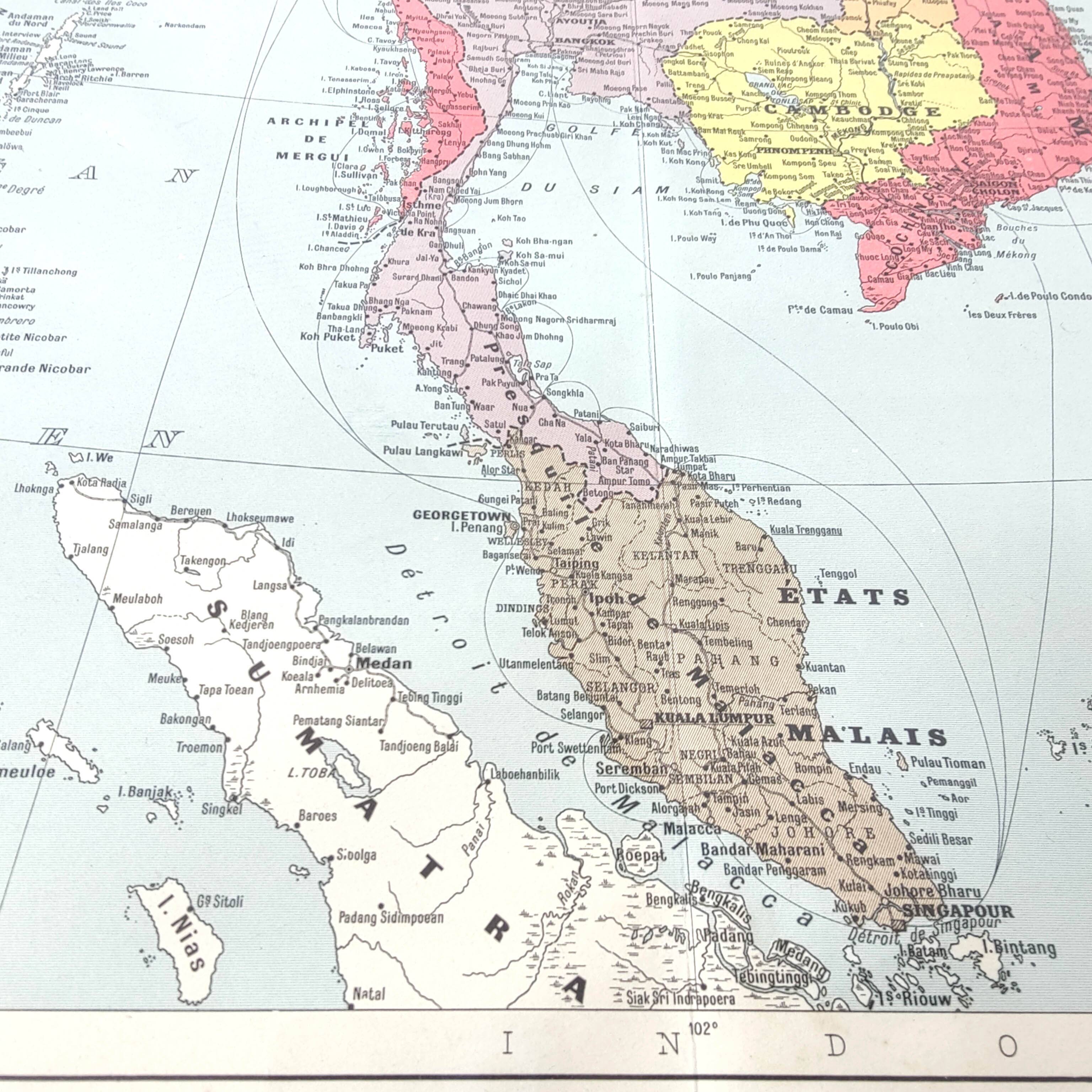 Old Indochina Asia map 43x43cm from 1950