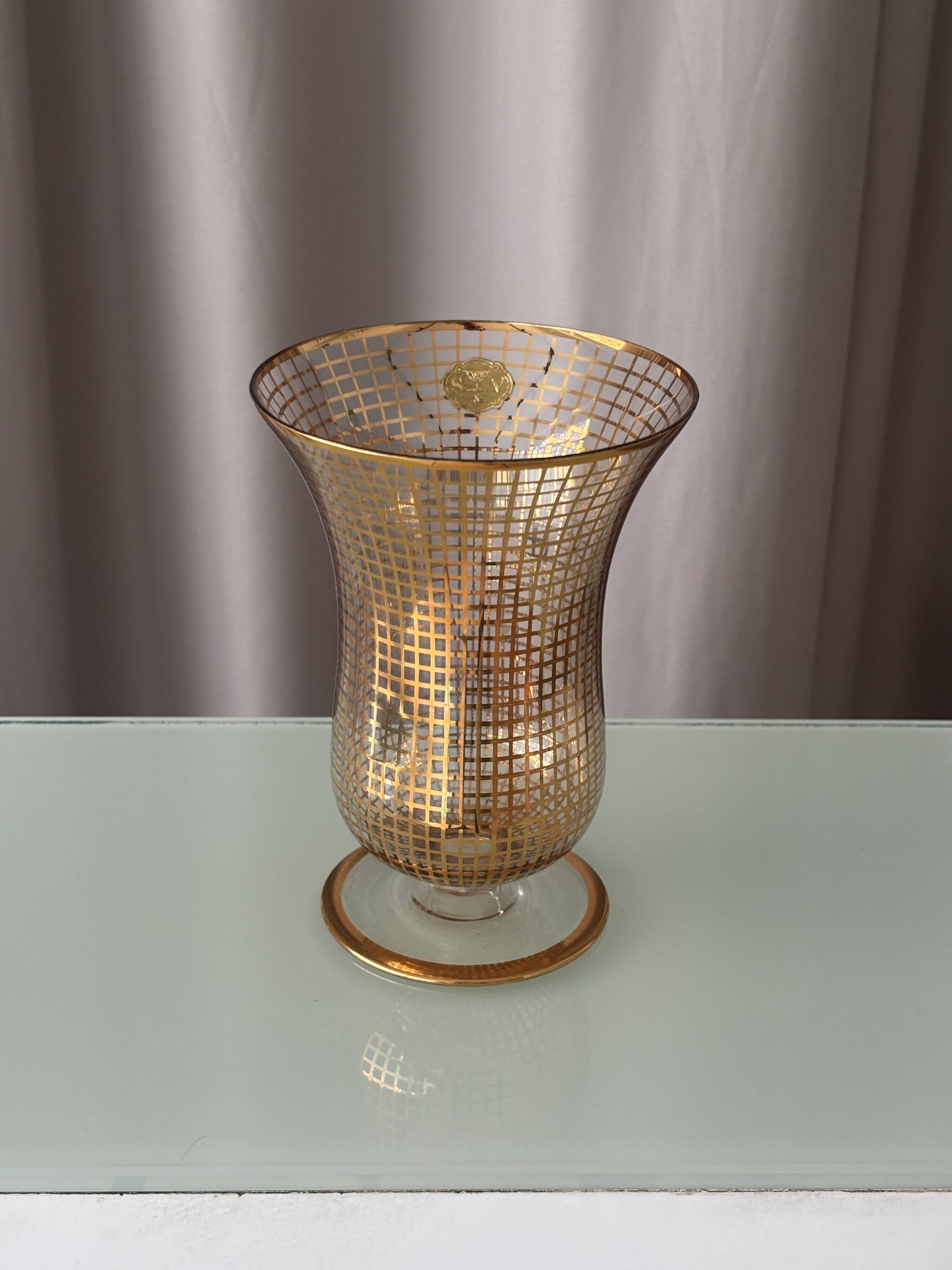 Art Deco Gilded Glass Vase with Geometric Gold Grid Decoration
