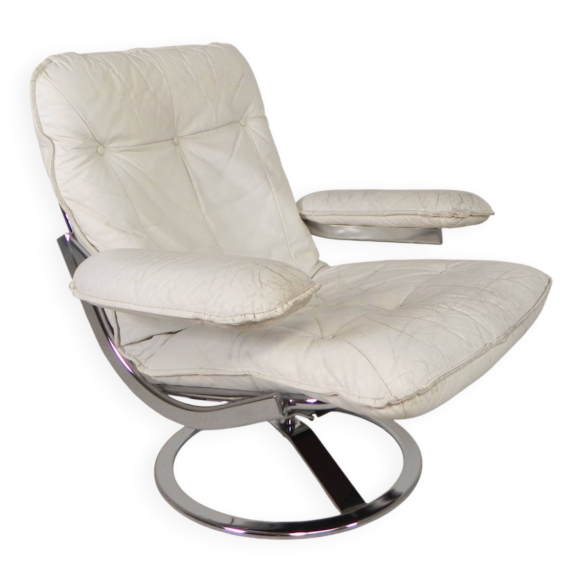 Leolux armchair, swivel chair with white leather upholstery, 1960s