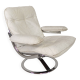 Leolux armchair, swivel chair with white leather upholstery, 1960s