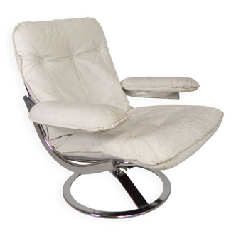 Fauteuil Leolux, fauteuil pivotant avec revêtement en cuir blanc, années 1960