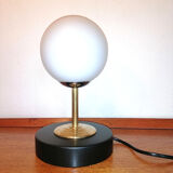 Table lamp wood, brass and frosted white glass globe, 1960