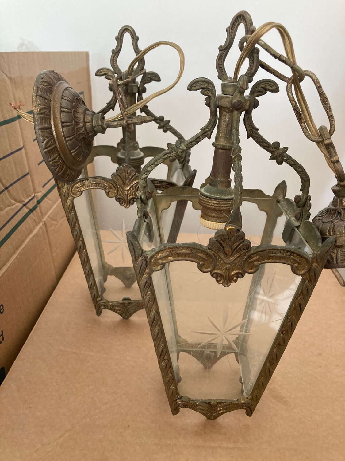 Pair of bronze and glass pendant lamps